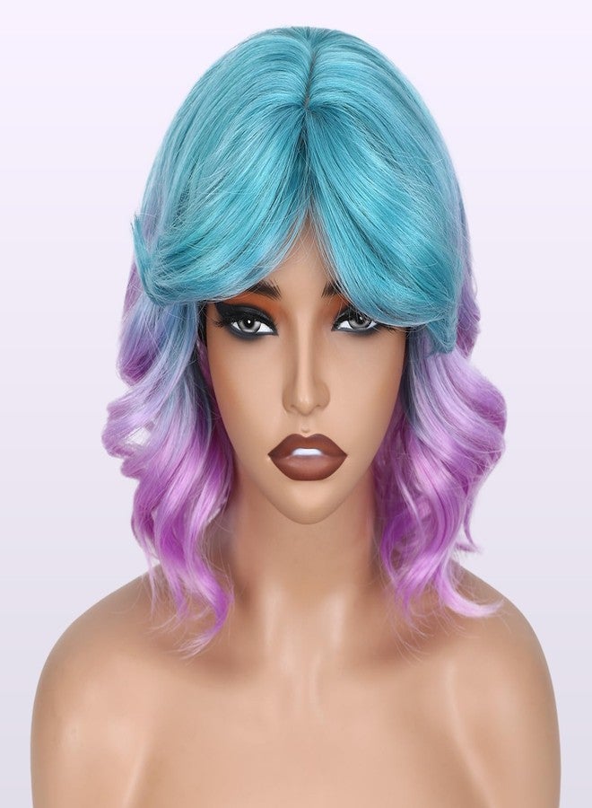 FAVE Blue to Purple Wig Short Purples Wig with Bangs Wavy Wigs for Women Ombre Purple Synthetic Hair Lavender Wigs (Purple/Blue) - Image 2